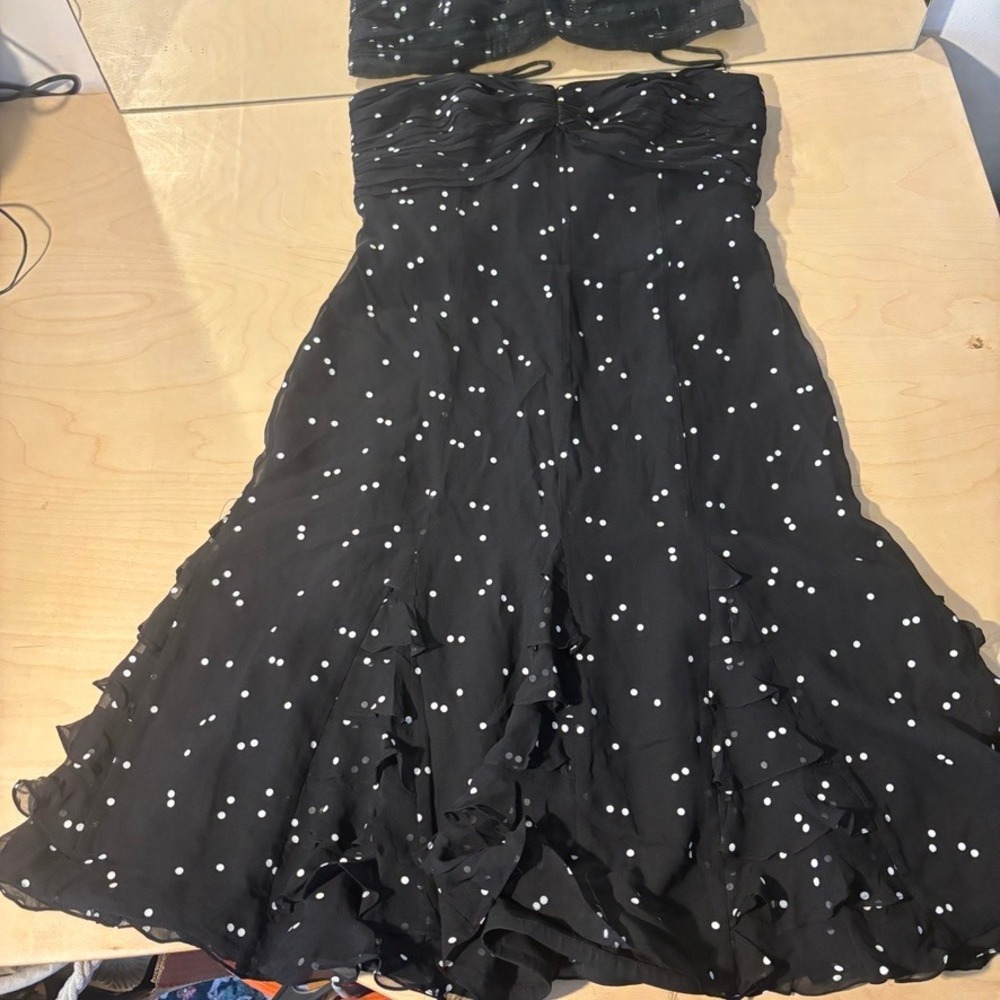 Vintage Kay Unger Polka Dot Silk Dress Women Sz 6 Black Ruffle Cocktail Party